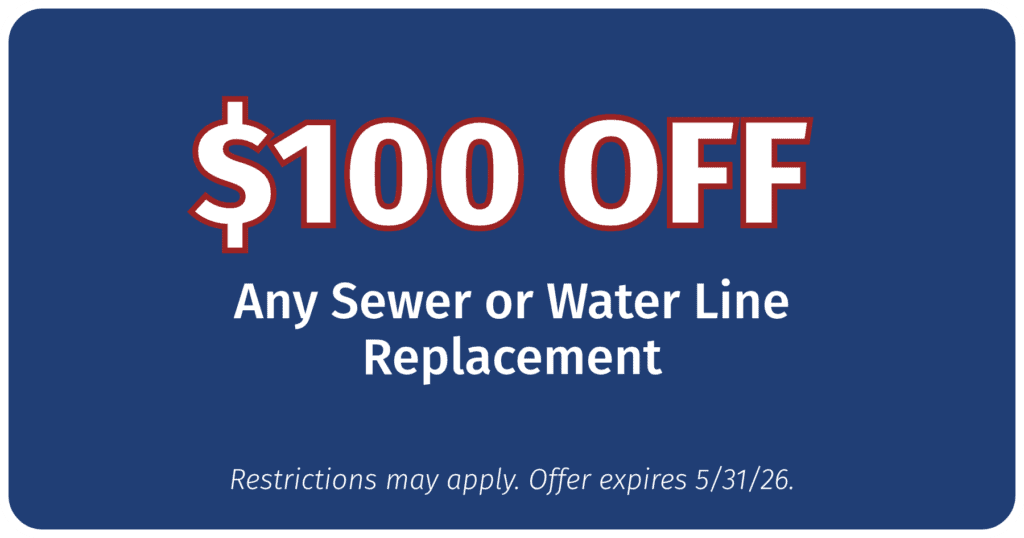 American Rooter Plumbing discount for $100 OFF any sewer or waterline replacement. Call 402-810-8444 for details.
