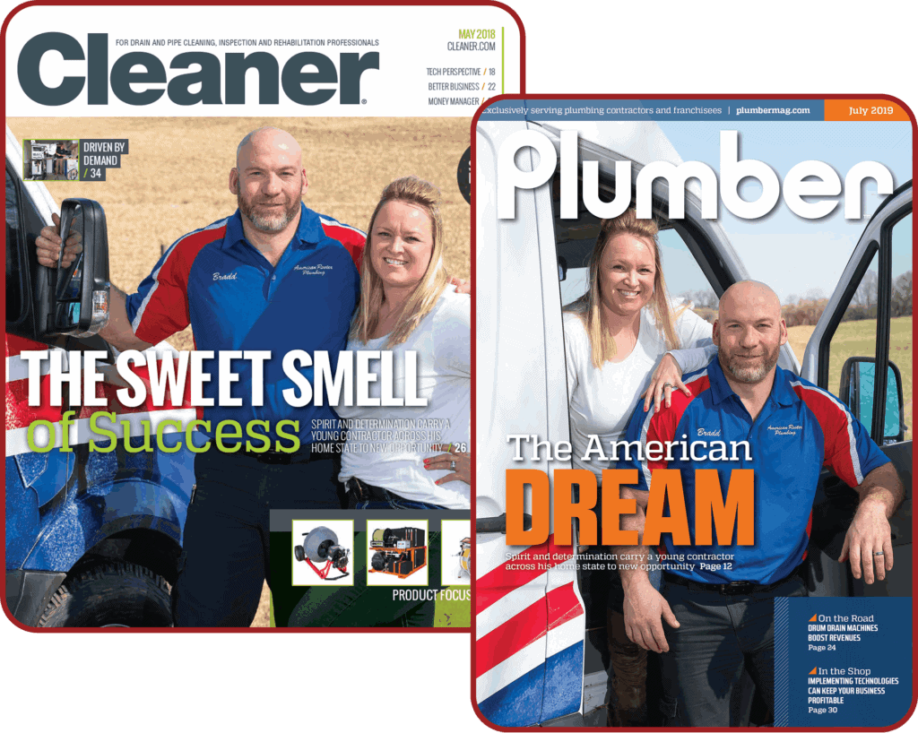 Bradd and his wife on the covers of Cleaner Magazine and Plumber Magazine.
