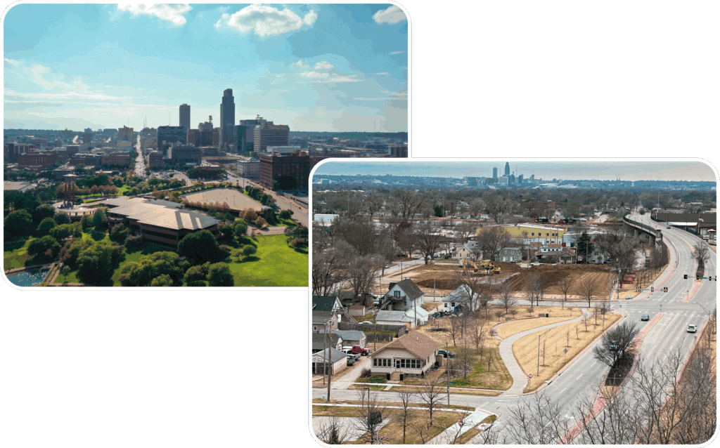 Aerial view of residential neighborhood in Omaha, Nebraska and the downtown area.